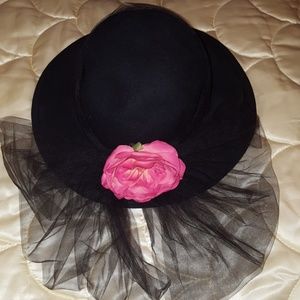 Vintage black wool hat with beautiful flower